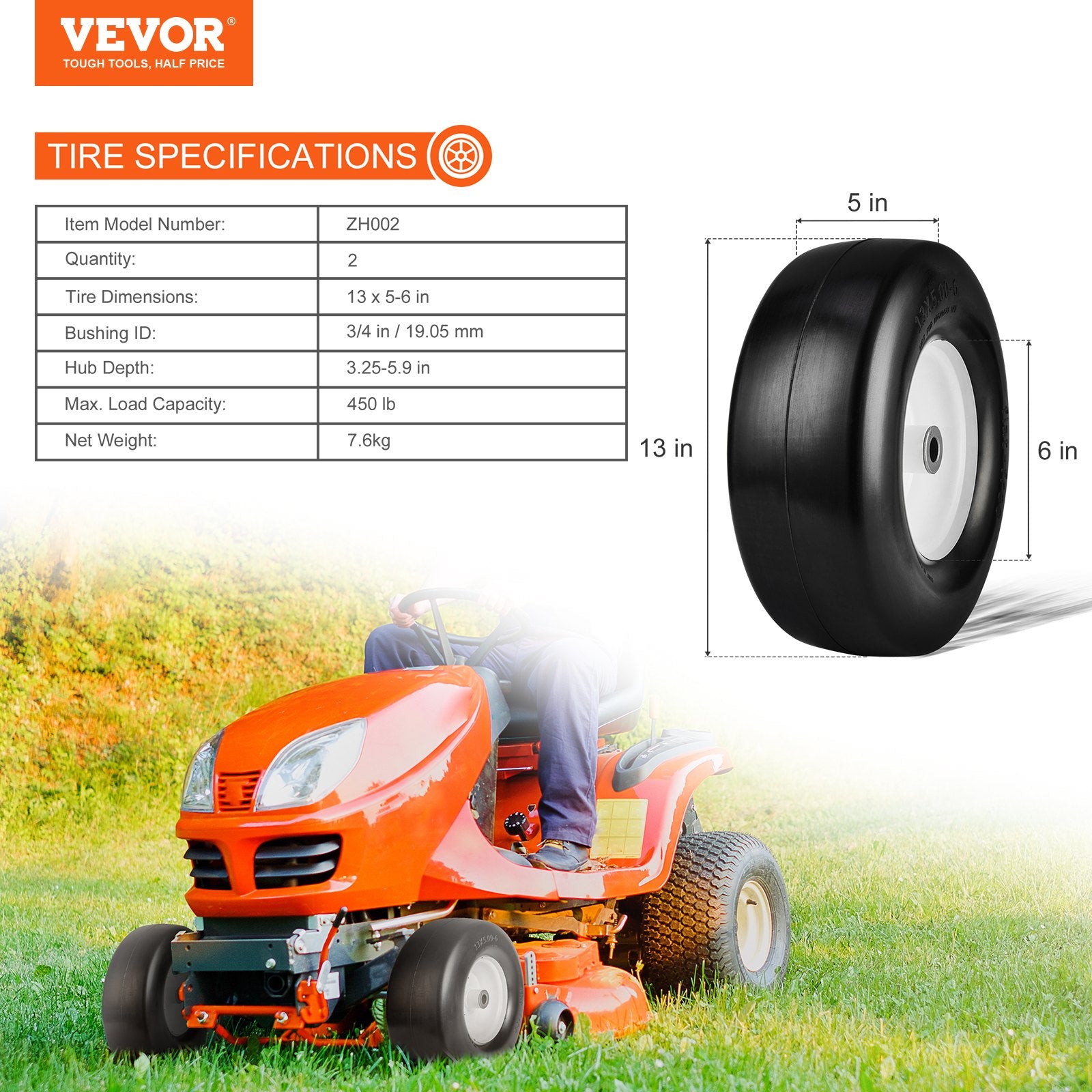 Lawn Mower Tires with Rim, 13x5-6" Tubeless Tractor Tires, 2-Pack Tire and Wheel Assembly, Flat-free PU Tires, 3.25"-5.9" Centered Hub, 3/4" Bushing Size, 20 PCS Adapter for Lawn Mowers Tractors - Image 7