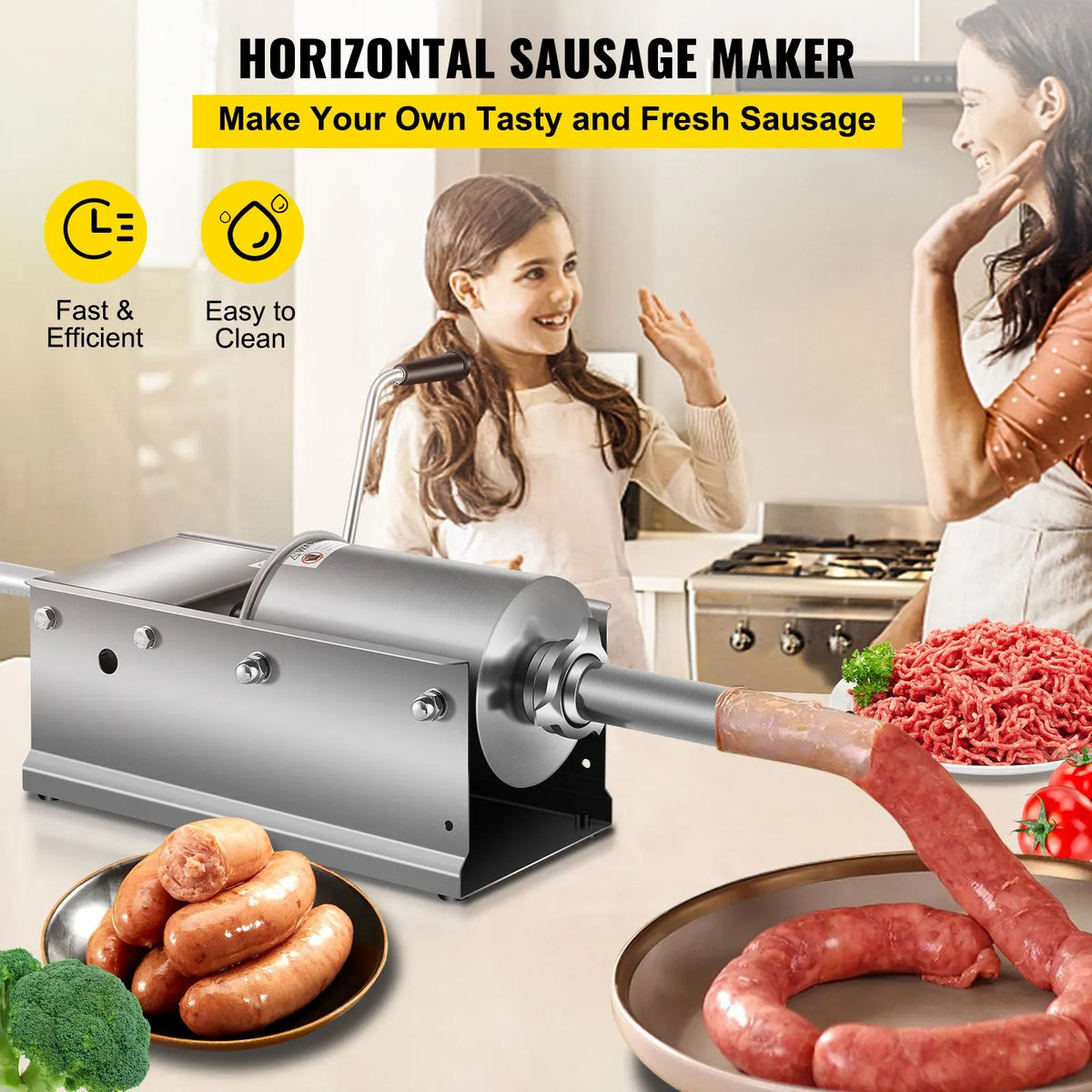 Manual Sausage Stuffer, 3 L / 7 LBS Horizontal Sausage Machine, Dual-Speed Meat Stuffer, Made of Food-Grade 304 Stainless Steel, Includes 5 Stuffing Tubes, for Home Kitchen Restaurant Commercial - Image 2