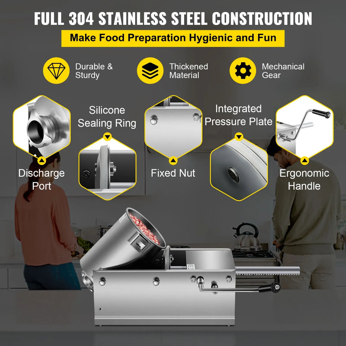 Manual Sausage Stuffer, 3 L / 7 LBS Horizontal Sausage Machine, Dual-Speed Meat Stuffer, Made of Food-Grade 304 Stainless Steel, Includes 5 Stuffing Tubes, for Home Kitchen Restaurant Commercial - Image 3