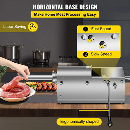 Manual Sausage Stuffer, 3 L / 7 LBS Horizontal Sausage Machine, Dual-Speed Meat Stuffer, Made of Food-Grade 304 Stainless Steel, Includes 5 Stuffing Tubes, for Home Kitchen Restaurant Commercial - Image 4