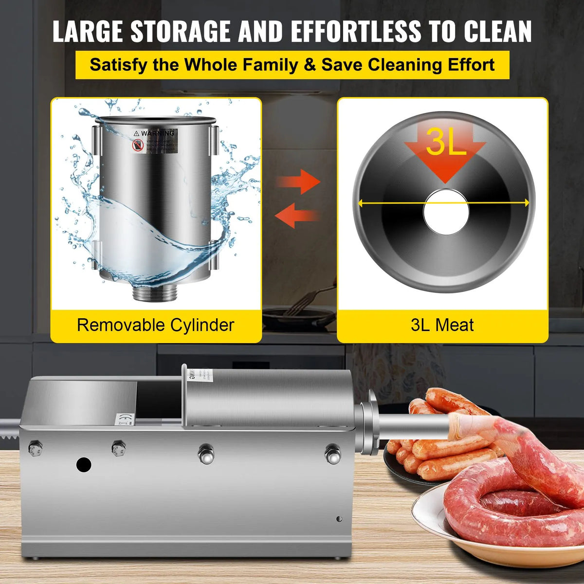 Manual Sausage Stuffer, 3 L / 7 LBS Horizontal Sausage Machine, Dual-Speed Meat Stuffer, Made of Food-Grade 304 Stainless Steel, Includes 5 Stuffing Tubes, for Home Kitchen Restaurant Commercial - Image 6