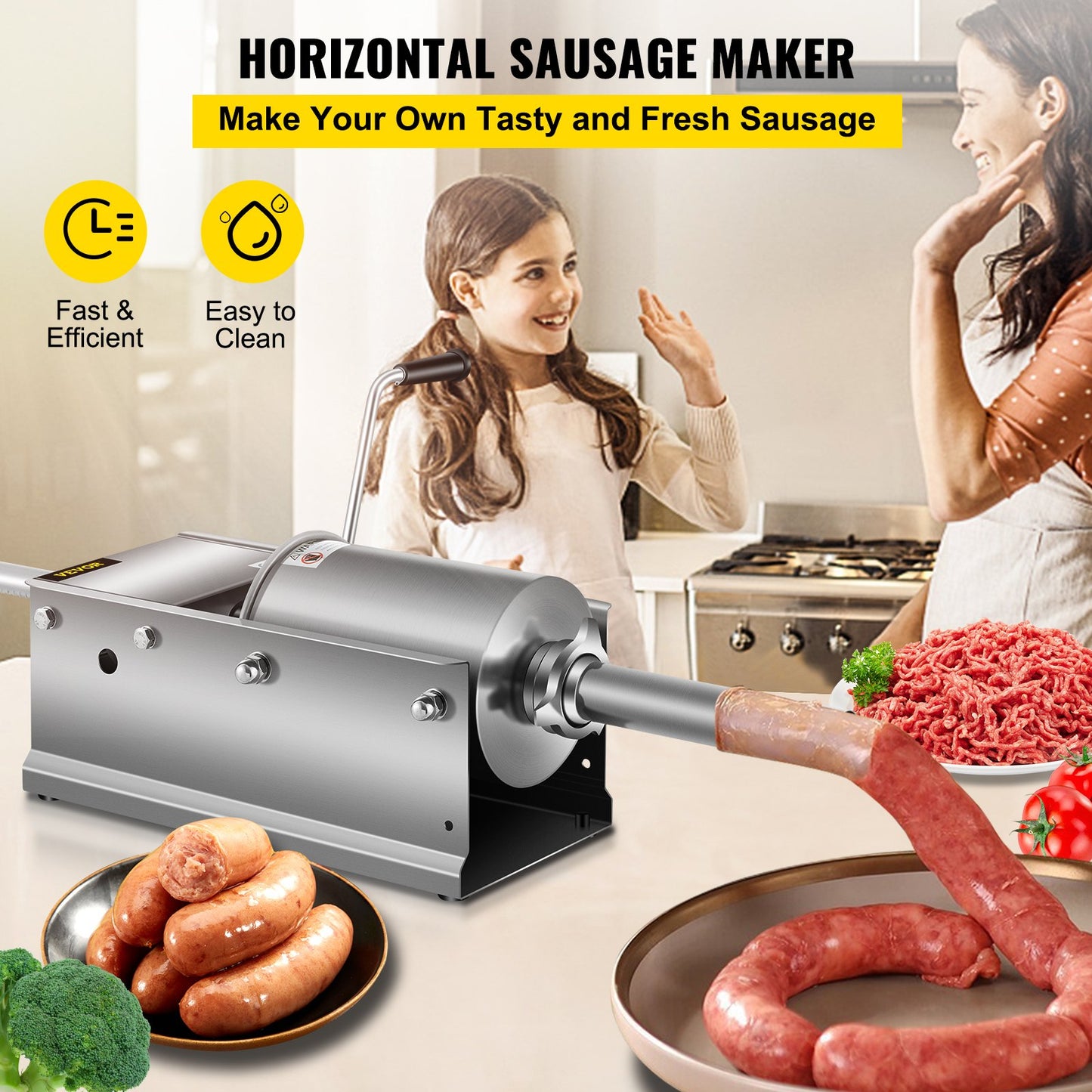 Manual Sausage Stuffer, 3 L / 7 LBS Horizontal Sausage Machine, Dual-Speed Meat Stuffer, Made of Food-Grade 304 Stainless Steel, Includes 5 Stuffing Tubes, for Home Kitchen Restaurant Commercial - Image 2