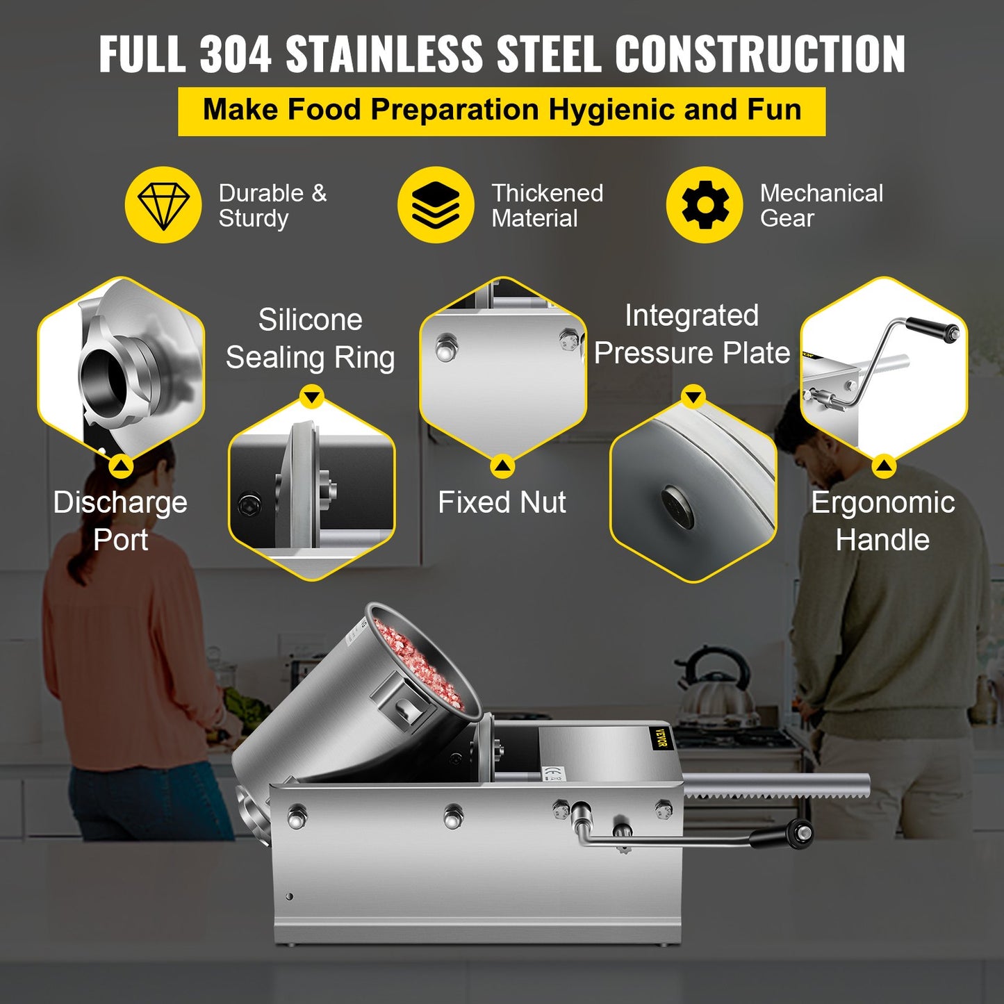 Manual Sausage Stuffer, 3 L / 7 LBS Horizontal Sausage Machine, Dual-Speed Meat Stuffer, Made of Food-Grade 304 Stainless Steel, Includes 5 Stuffing Tubes, for Home Kitchen Restaurant Commercial - Image 3