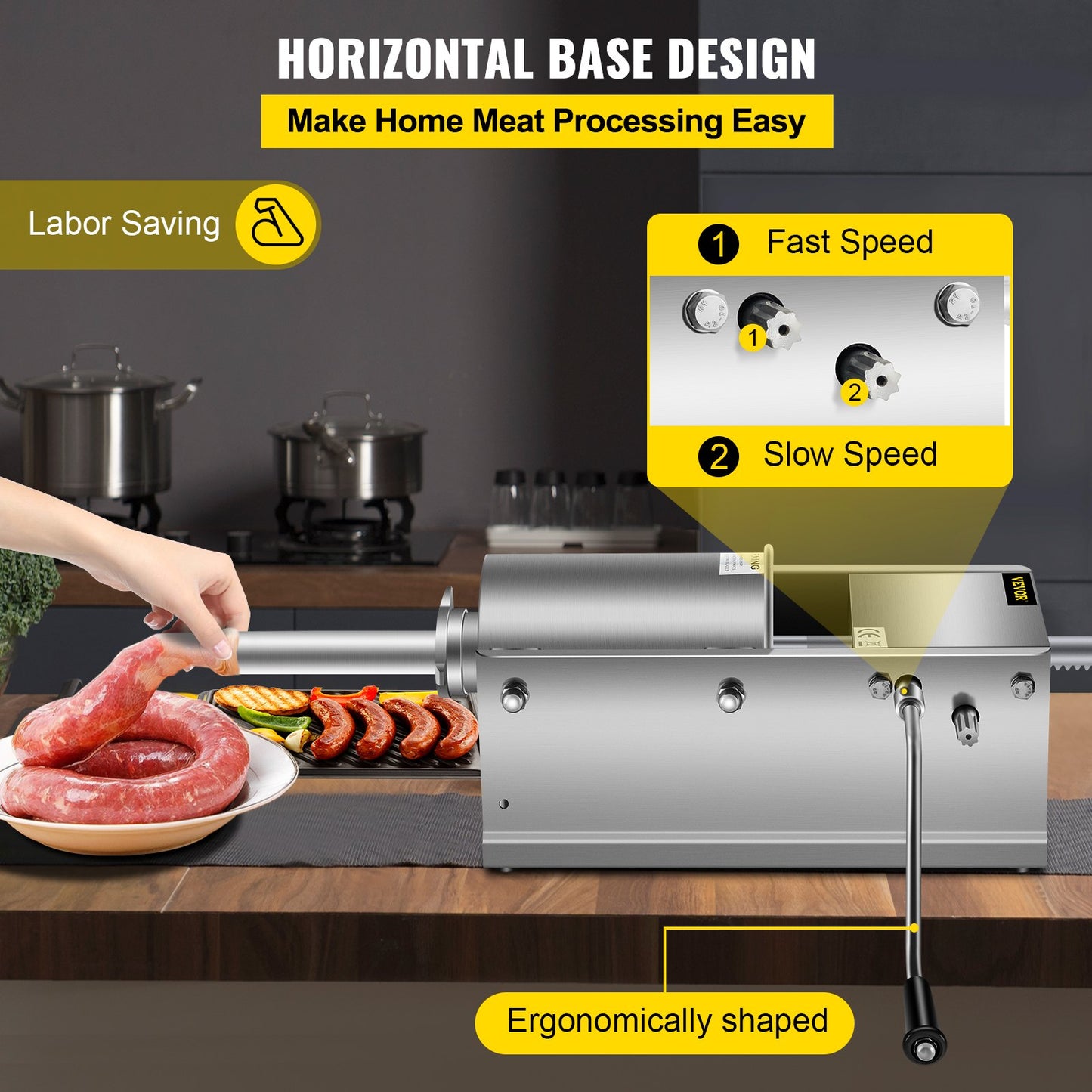 Manual Sausage Stuffer, 3 L / 7 LBS Horizontal Sausage Machine, Dual-Speed Meat Stuffer, Made of Food-Grade 304 Stainless Steel, Includes 5 Stuffing Tubes, for Home Kitchen Restaurant Commercial - Image 4