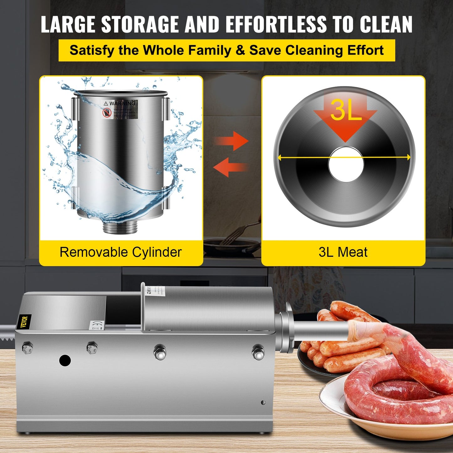 Manual Sausage Stuffer, 3 L / 7 LBS Horizontal Sausage Machine, Dual-Speed Meat Stuffer, Made of Food-Grade 304 Stainless Steel, Includes 5 Stuffing Tubes, for Home Kitchen Restaurant Commercial - Image 6