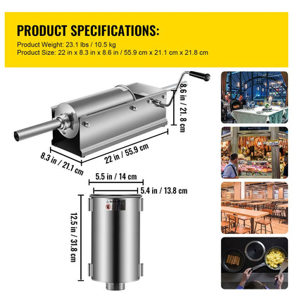 Manual Sausage Stuffer, 5 L / 11 LBS Horizontal Sausage Machine, Dual-Speed Meat Stuffer, Made of Food-Grade 304 Stainless Steel, Includes 5 Stuffing Tubes, for Home Kitchen Restaurant Commercia - Image 7