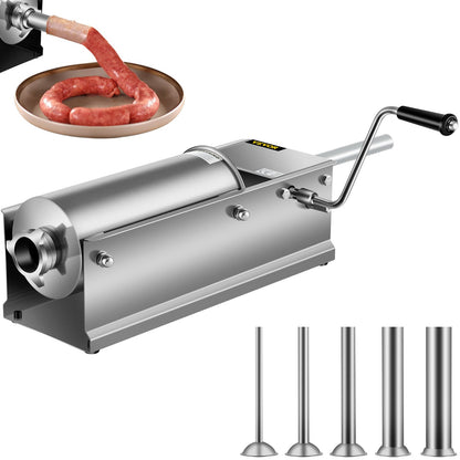 Manual Sausage Stuffer, 5 L / 11 LBS Horizontal Sausage Machine, Dual-Speed Meat Stuffer, Made of Food-Grade 304 Stainless Steel, Includes 5 Stuffing Tubes, for Home Kitchen Restaurant Commercia