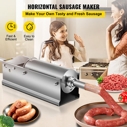 Manual Sausage Stuffer, 5 L / 11 LBS Horizontal Sausage Machine, Dual-Speed Meat Stuffer, Made of Food-Grade 304 Stainless Steel, Includes 5 Stuffing Tubes, for Home Kitchen Restaurant Commercia - Image 2
