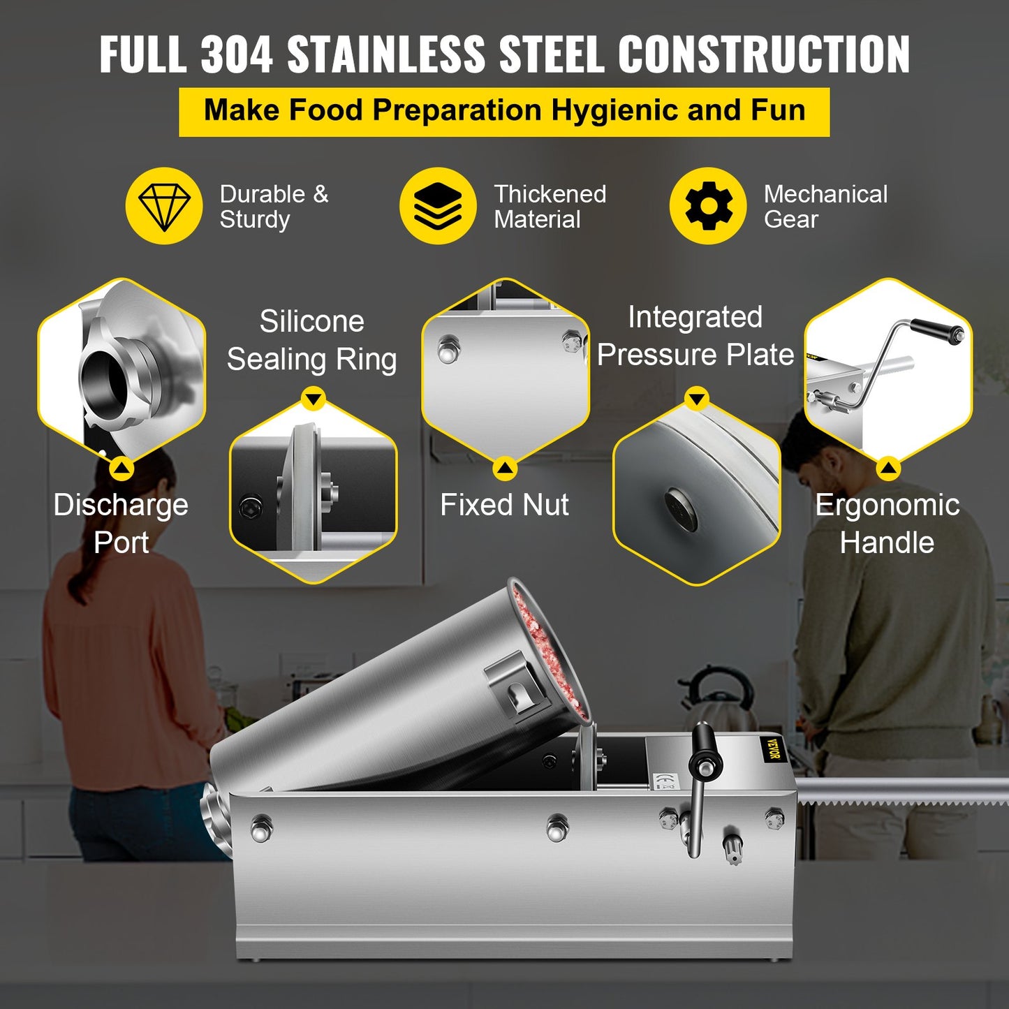 Manual Sausage Stuffer, 5 L / 11 LBS Horizontal Sausage Machine, Dual-Speed Meat Stuffer, Made of Food-Grade 304 Stainless Steel, Includes 5 Stuffing Tubes, for Home Kitchen Restaurant Commercia - Image 3