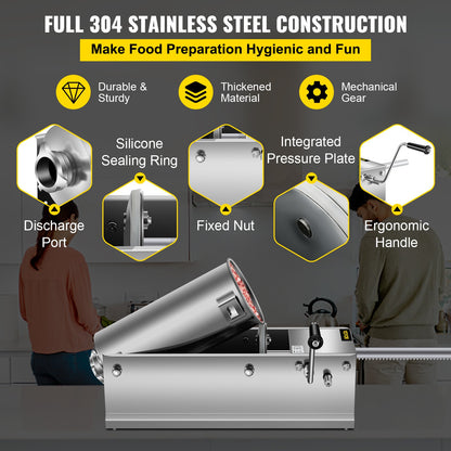 Manual Sausage Stuffer, 5 L / 11 LBS Horizontal Sausage Machine, Dual-Speed Meat Stuffer, Made of Food-Grade 304 Stainless Steel, Includes 5 Stuffing Tubes, for Home Kitchen Restaurant Commercia - Image 3