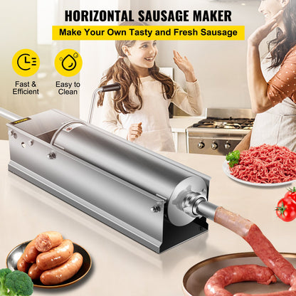 Manual Sausage Stuffer, 7 L / 15 LBS Horizontal Sausage Machine, Dual-Speed Meat Stuffer, Made of Food-Grade 304 Stainless Steel, Includes 5 Stuffing Tubes, for Home Kitchen Restaurant Commercia - Image 2