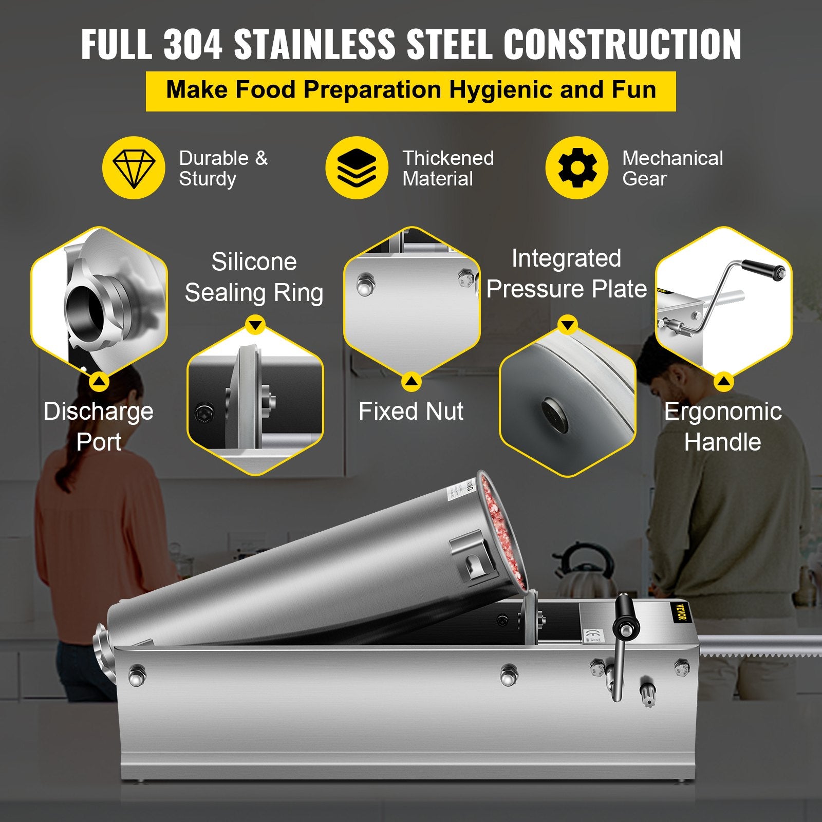 Manual Sausage Stuffer, 7 L / 15 LBS Horizontal Sausage Machine, Dual-Speed Meat Stuffer, Made of Food-Grade 304 Stainless Steel, Includes 5 Stuffing Tubes, for Home Kitchen Restaurant Commercia - Image 3
