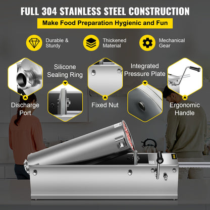 Manual Sausage Stuffer, 7 L / 15 LBS Horizontal Sausage Machine, Dual-Speed Meat Stuffer, Made of Food-Grade 304 Stainless Steel, Includes 5 Stuffing Tubes, for Home Kitchen Restaurant Commercia - Image 3