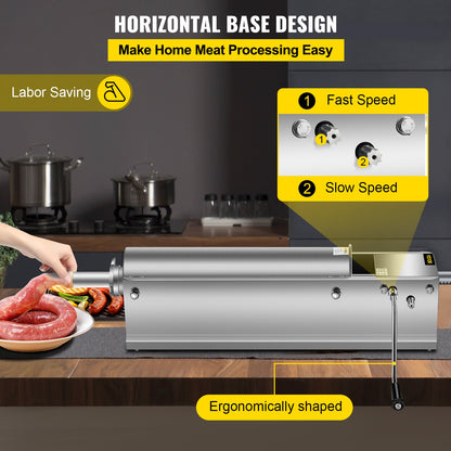 Manual Sausage Stuffer, 7 L / 15 LBS Horizontal Sausage Machine, Dual-Speed Meat Stuffer, Made of Food-Grade 304 Stainless Steel, Includes 5 Stuffing Tubes, for Home Kitchen Restaurant Commercia - Image 4