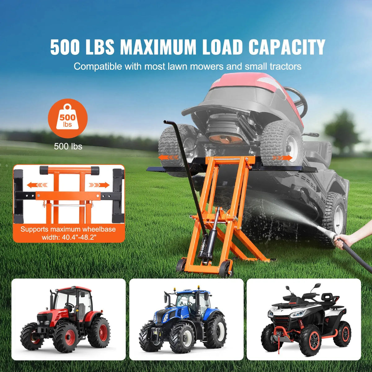Lawn Mower Lift with Hydraulic Jack, 500 Lbs Weight Capacity, Solid Carbon Steel Lawn Mower Lift, Adjustable Movable Lawn Lifter for Riding Tractors and Zero Turn Lawn Mowers, Orange - Image 2
