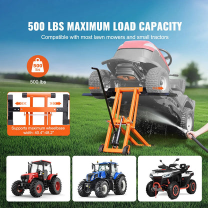 Lawn Mower Lift with Hydraulic Jack, 500 Lbs Weight Capacity, Solid Carbon Steel Lawn Mower Lift, Adjustable Movable Lawn Lifter for Riding Tractors and Zero Turn Lawn Mowers, Orange - Image 2