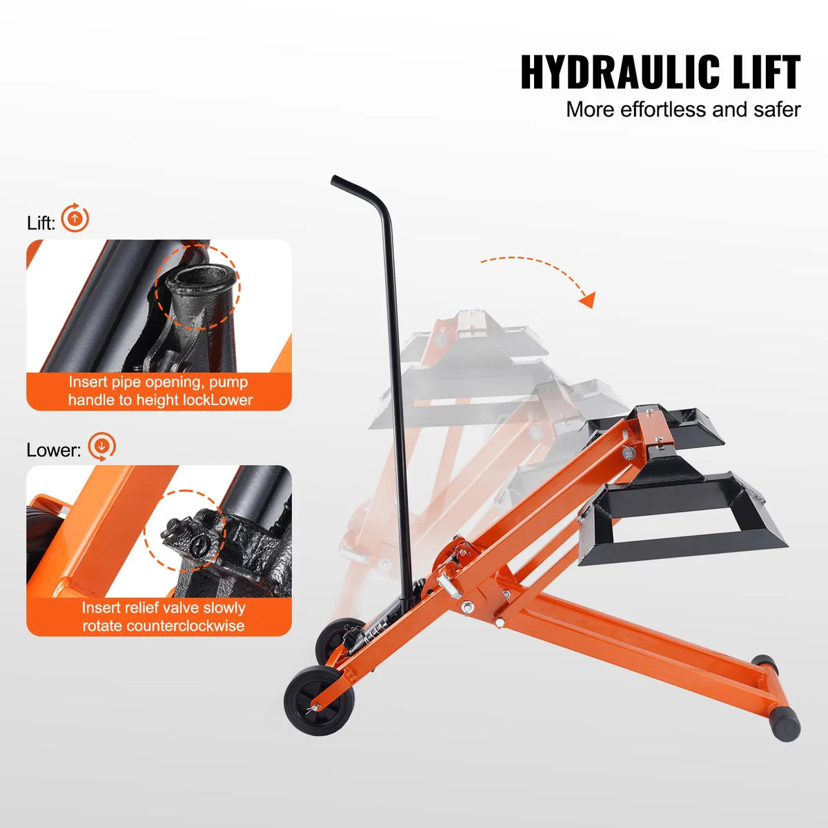 Lawn Mower Lift with Hydraulic Jack, 500 Lbs Weight Capacity, Solid Carbon Steel Lawn Mower Lift, Adjustable Movable Lawn Lifter for Riding Tractors and Zero Turn Lawn Mowers, Orange - Image 3