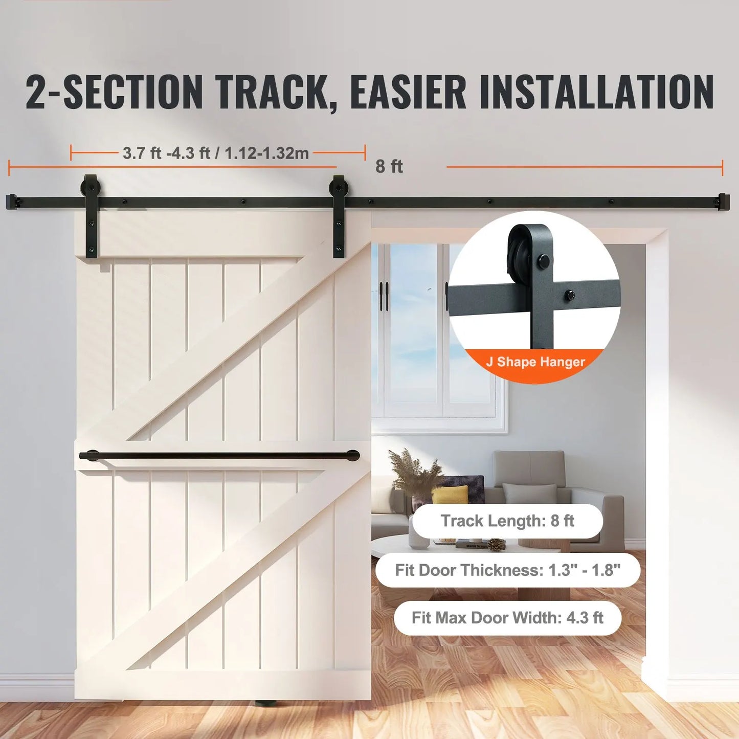 8FT Sliding Barn Door Hardware Closet Track Kit for Single Door J Hanger - Image 2