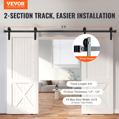 8FT Sliding Barn Door Hardware Closet Track Kit for Double Doors I Hanger - Image 2