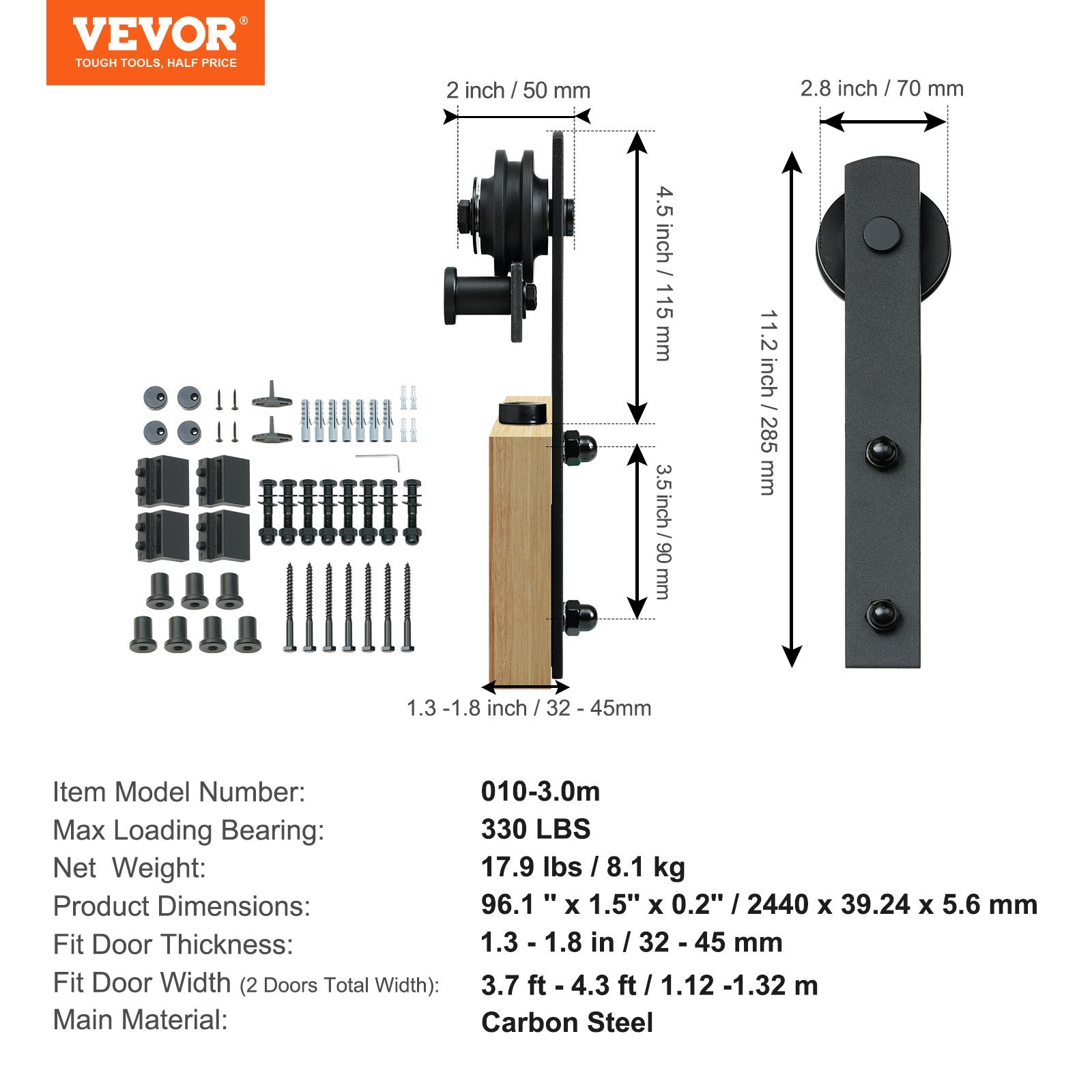 8FT Sliding Barn Door Hardware Closet Track Kit for Double Doors I Hanger - Image 7