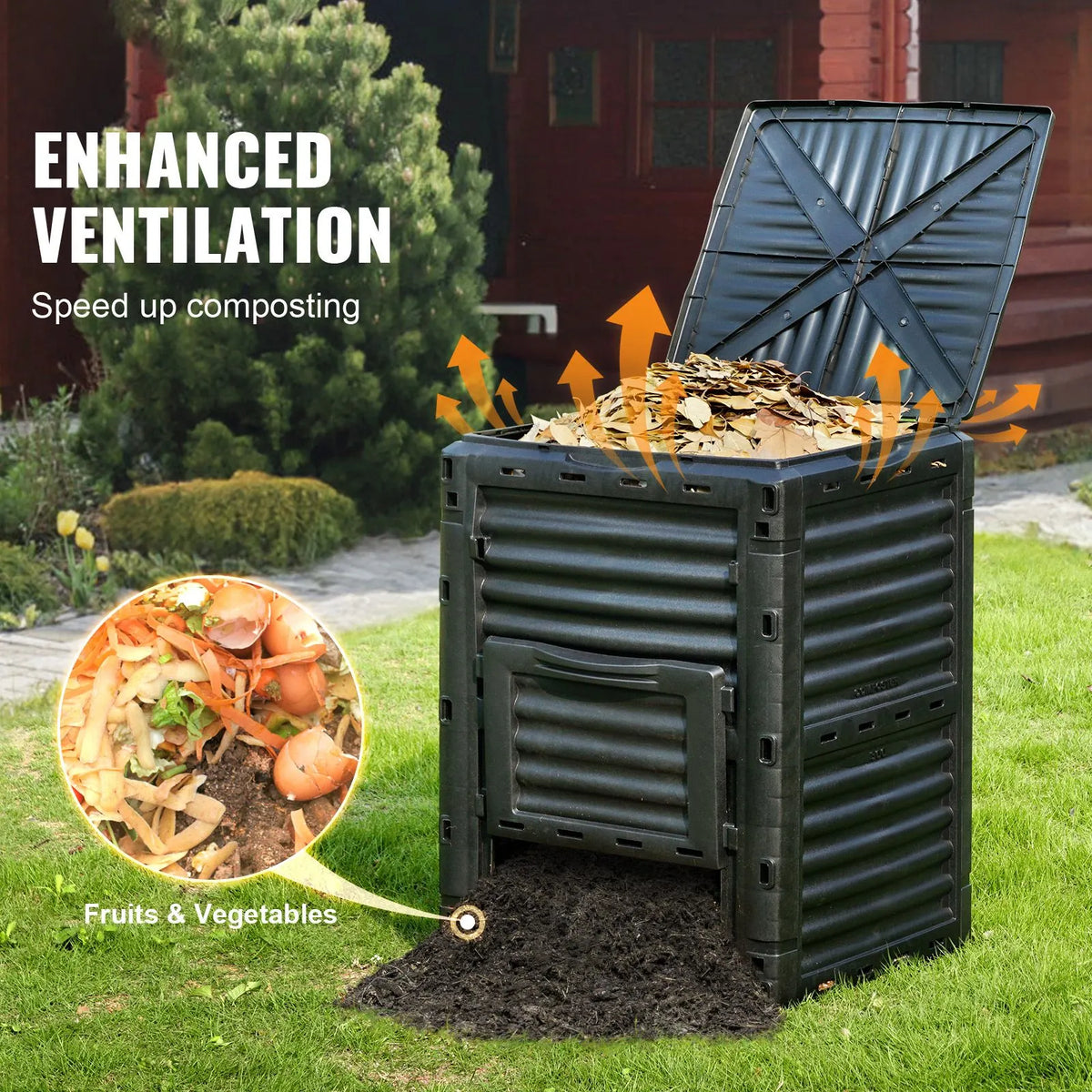 Garden Compost Bin 300 L, BPA Free Composter, Large Capacity Outdoor Composting Bin with Top Lid and Bottom Door, Easy Assembling, Lightweight, Fast Creation of Fertile Soil - Image 2