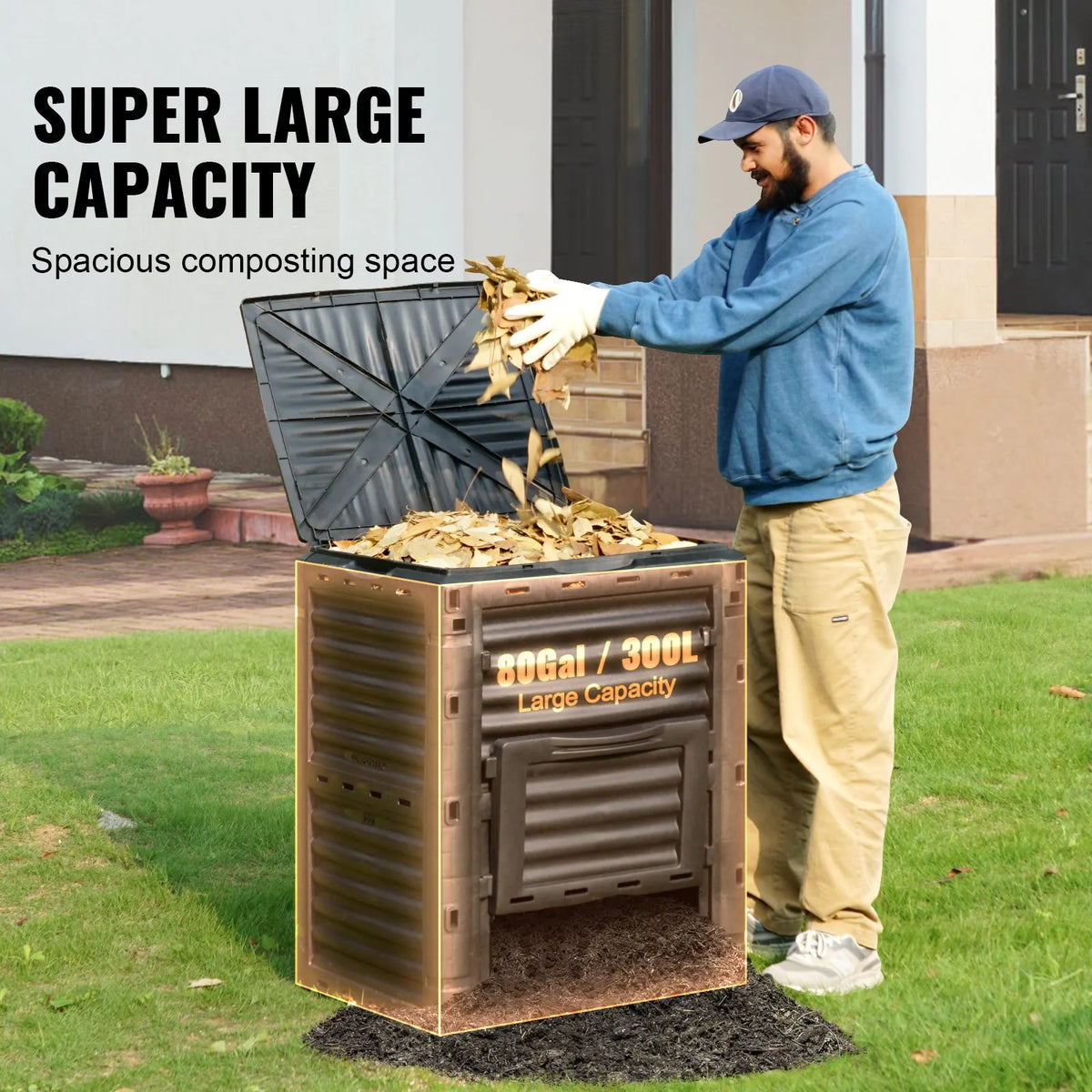 Garden Compost Bin 300 L, BPA Free Composter, Large Capacity Outdoor Composting Bin with Top Lid and Bottom Door, Easy Assembling, Lightweight, Fast Creation of Fertile Soil - Image 3