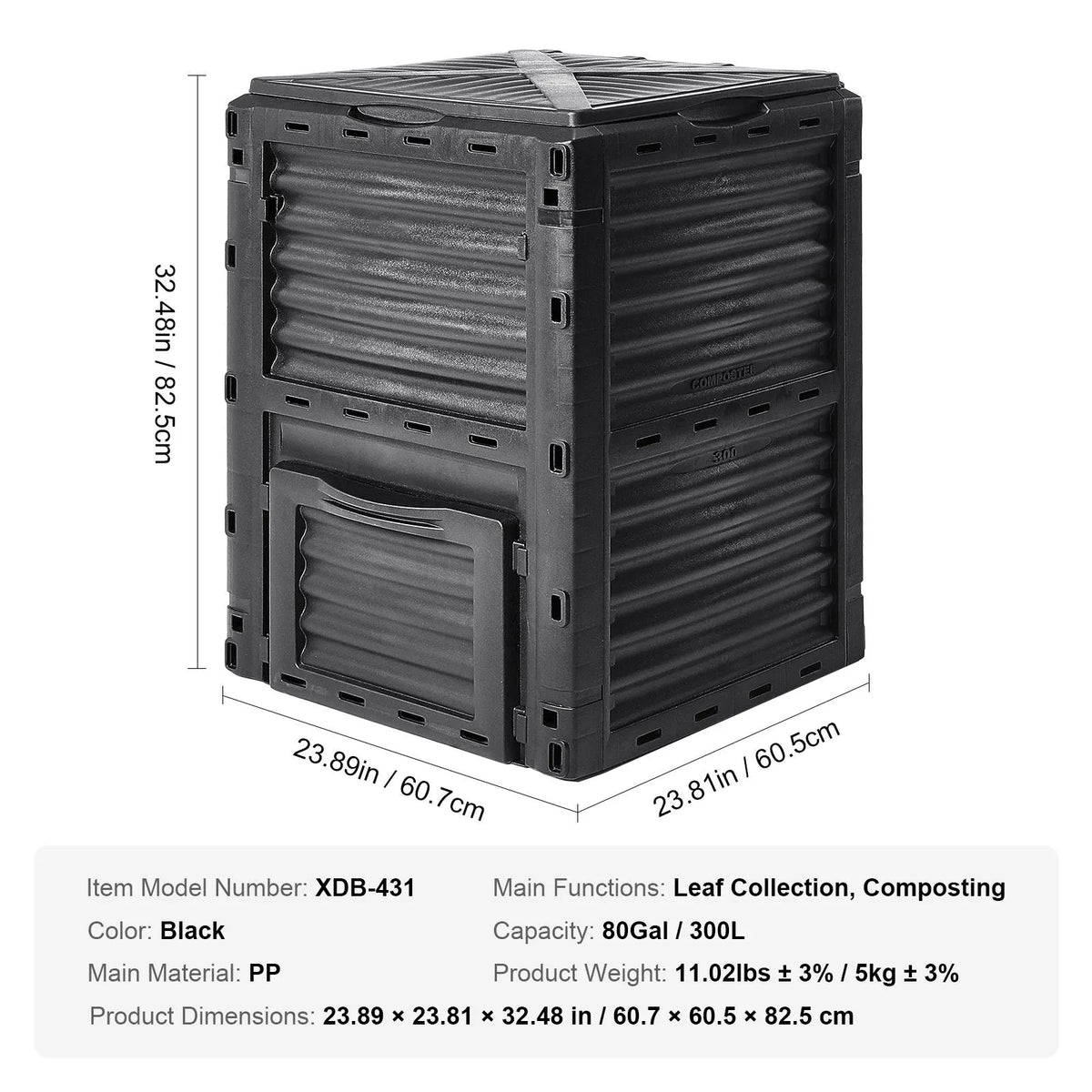 Garden Compost Bin 300 L, BPA Free Composter, Large Capacity Outdoor Composting Bin with Top Lid and Bottom Door, Easy Assembling, Lightweight, Fast Creation of Fertile Soil - Image 7