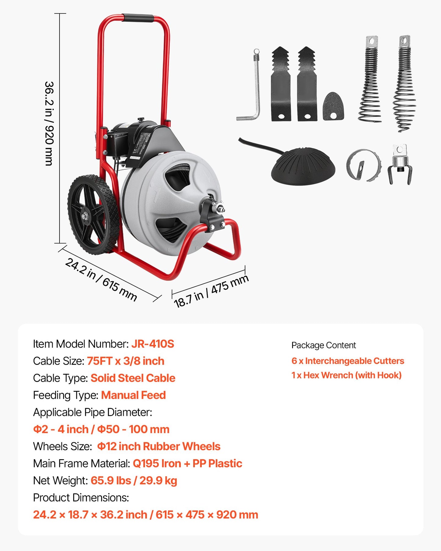 Drain Cleaner Machine 22m x 9.5mm, Sewer Snake Auger Manual Feed on Wheels, Portable Drain Cleaning Machine with 6 Cutters & Air-activated Foot Switch for 50mm to 100mm Pipes - Image 7