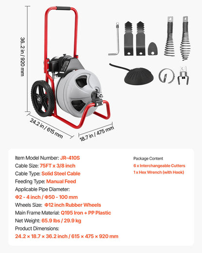 Drain Cleaner Machine 22m x 9.5mm, Sewer Snake Auger Manual Feed on Wheels, Portable Drain Cleaning Machine with 6 Cutters & Air-activated Foot Switch for 50mm to 100mm Pipes - Image 7