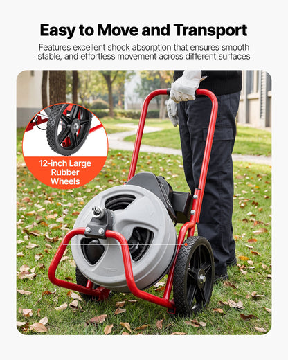 Drain Cleaner Machine 22m x 9.5mm, Sewer Snake Auger Manual Feed on Wheels, Portable Drain Cleaning Machine with 6 Cutters & Air-activated Foot Switch for 50mm to 100mm Pipes - Image 8