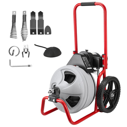 Drain Cleaner Machine 22m x 9.5mm, Sewer Snake Auger Manual Feed on Wheels, Portable Drain Cleaning Machine with 6 Cutters & Air-activated Foot Switch for 50mm to 100mm Pipes - Image 9