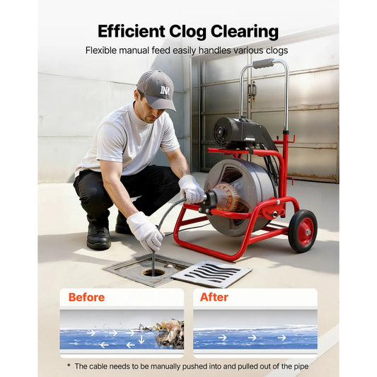 Drain Cleaner Machine 22m x 12.7mm, Sewer Snake Auger on Wheels, Manual Feed Drain Cleaning Machine with Adjustable Drum Angle, 6 Cutters & Air-activated Foot Switch for 50mm to 150mm Pipes - Image 2