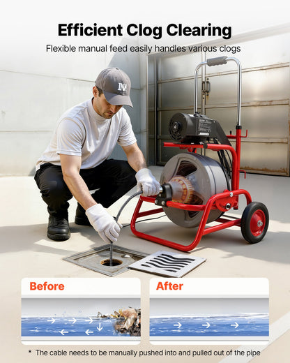 Drain Cleaner Machine 22m x 12.7mm, Sewer Snake Auger on Wheels, Manual Feed Drain Cleaning Machine with Adjustable Drum Angle, 6 Cutters & Air-activated Foot Switch for 50mm to 150mm Pipes - Image 2