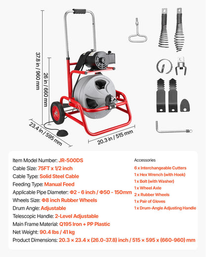 Drain Cleaner Machine 22m x 12.7mm, Sewer Snake Auger on Wheels, Manual Feed Drain Cleaning Machine with Adjustable Drum Angle, 6 Cutters & Air-activated Foot Switch for 50mm to 150mm Pipes - Image 7