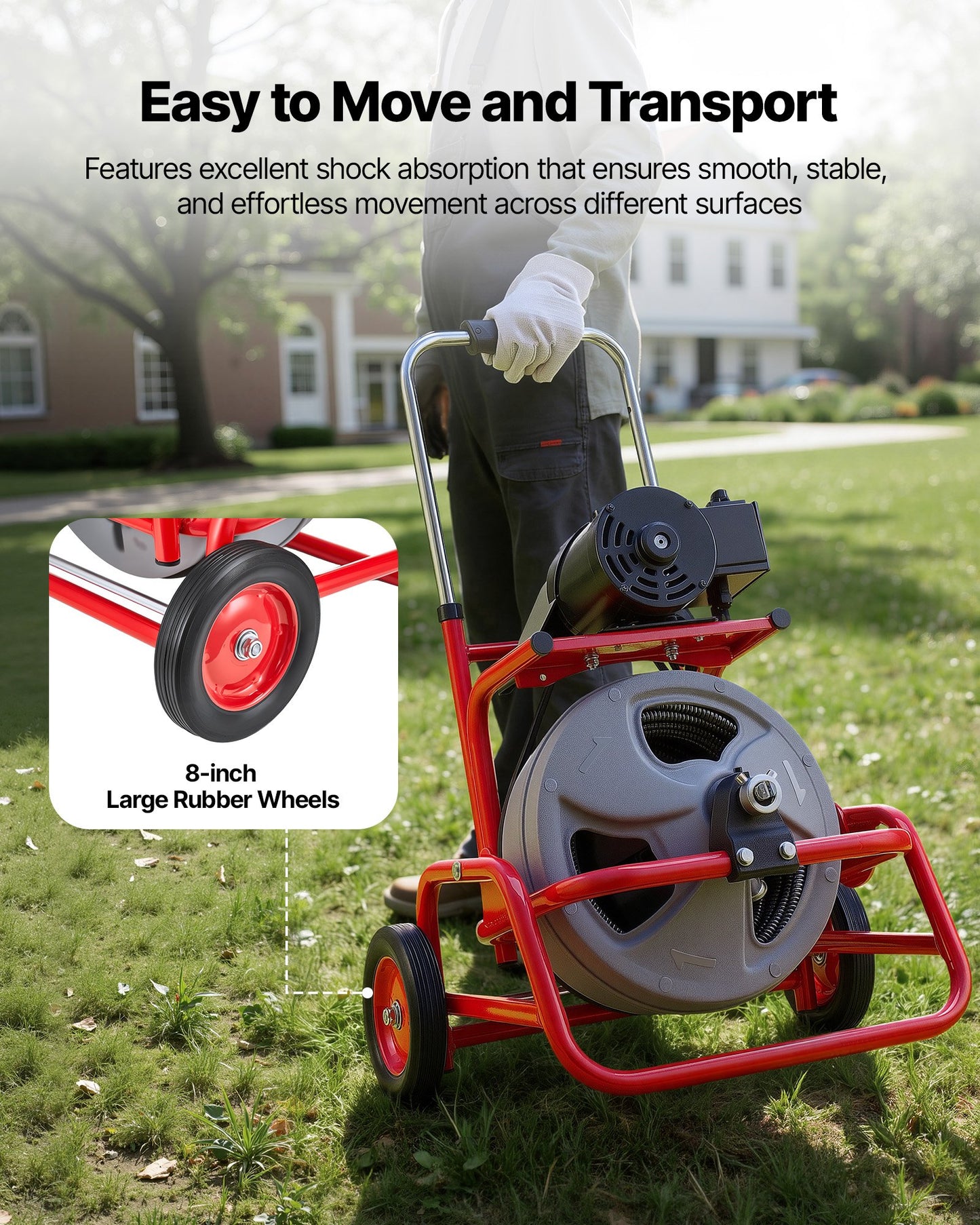 Drain Cleaner Machine 22m x 12.7mm, Sewer Snake Auger on Wheels, Manual Feed Drain Cleaning Machine with Adjustable Drum Angle, 6 Cutters & Air-activated Foot Switch for 50mm to 150mm Pipes - Image 8