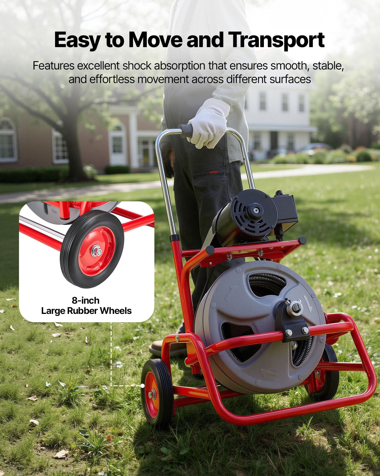 Drain Cleaner Machine 22m x 12.7mm, Sewer Snake Auger on Wheels, Manual Feed Drain Cleaning Machine with Adjustable Drum Angle, 6 Cutters & Air-activated Foot Switch for 50mm to 150mm Pipes - Image 8