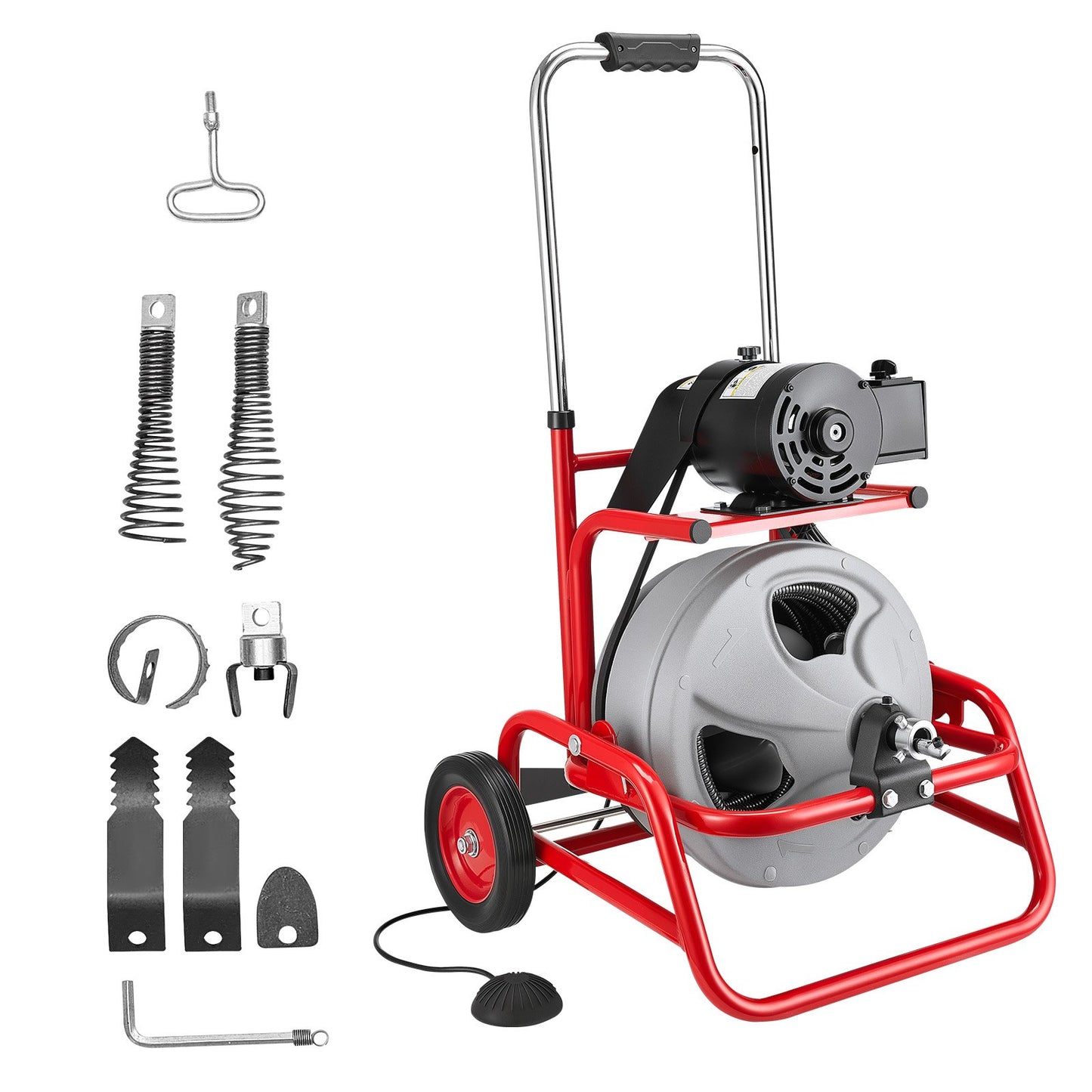 Drain Cleaner Machine 22m x 12.7mm, Sewer Snake Auger on Wheels, Manual Feed Drain Cleaning Machine with Adjustable Drum Angle, 6 Cutters & Air-activated Foot Switch for 50mm to 150mm Pipes - Image 9