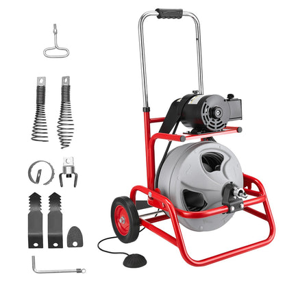 Drain Cleaner Machine 22m x 12.7mm, Sewer Snake Auger on Wheels, Manual Feed Drain Cleaning Machine with Adjustable Drum Angle, 6 Cutters & Air-activated Foot Switch for 50mm to 150mm Pipes - Image 9