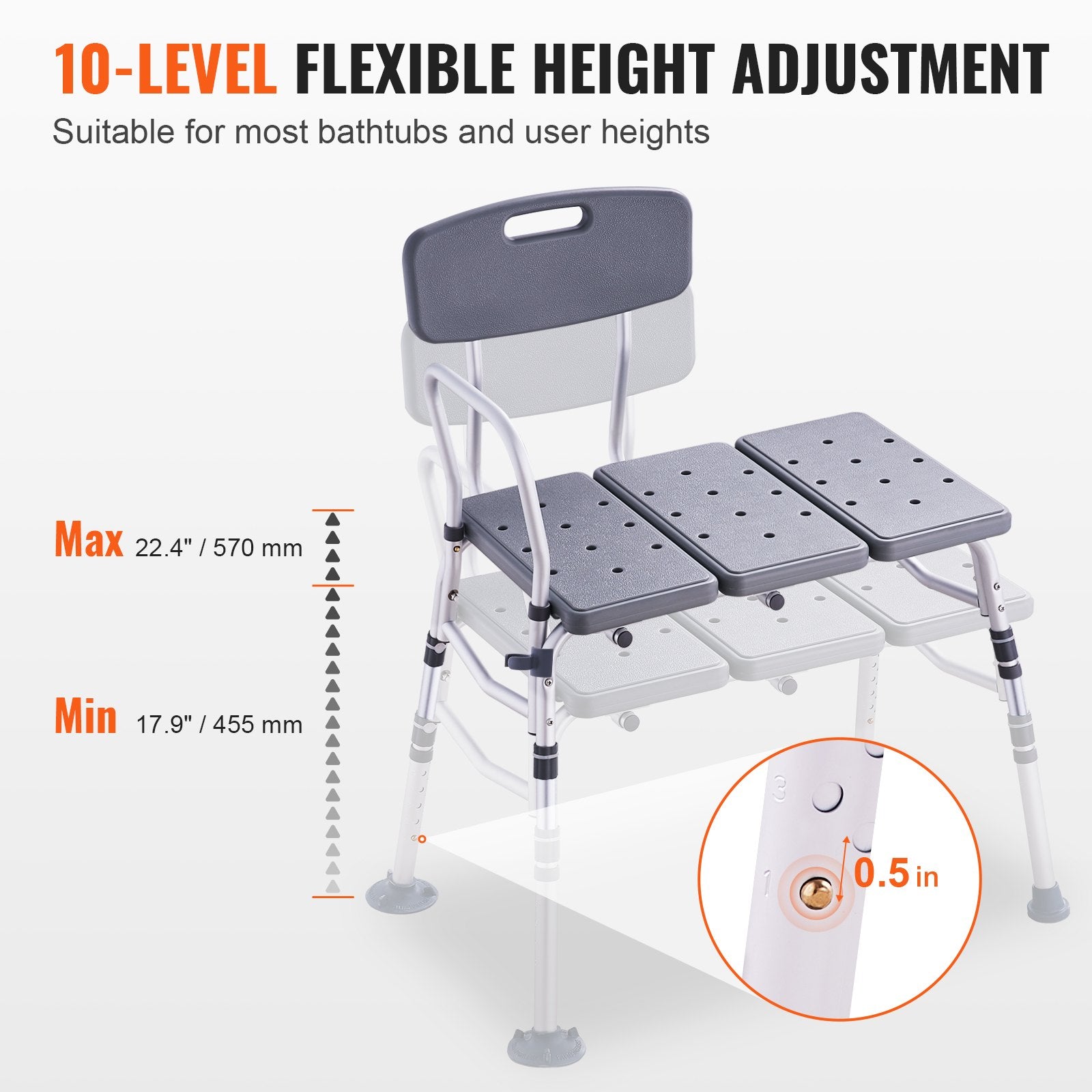 Tub Transfer Bench for Bathtub, Adjustable Shower Seats for Adults, Lightweight Shower Bench for Elderly and Disabled, Non-Slip Bath Seats with Armrest and Reversible Backrest, 400lbs Capacity - Image 3