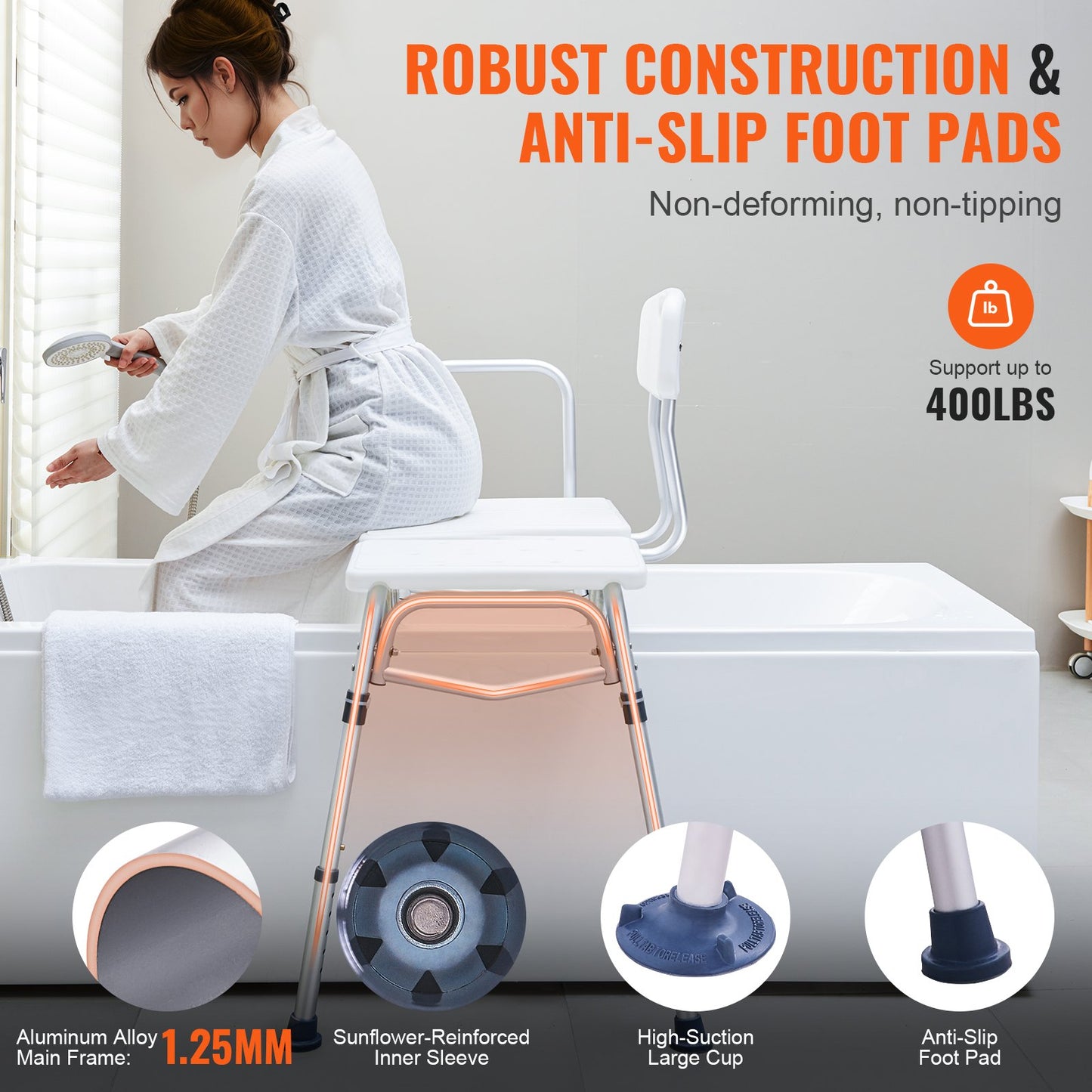 Tub Transfer Bench Bathtub Shower Seat for Senior Height Adjustable 400LBS - Image 3