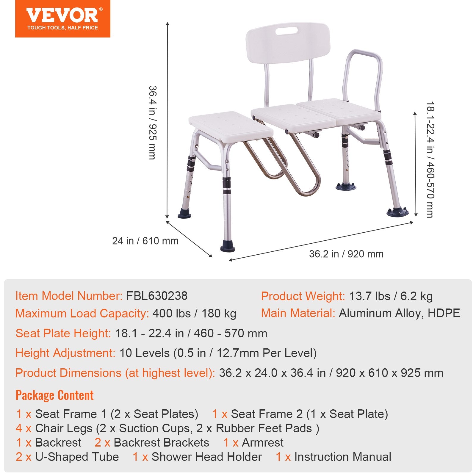 Tub Transfer Bench Bathtub Shower Seat for Senior Height Adjustable 400LBS - Image 6