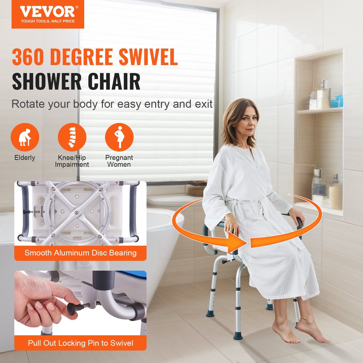 Swivel Shower Chair 360 Degree, Adjustable Shower Seat with Armrests and Backrest for Inside Shower or Bathtub, Non-Slip Rotating Bathtub Chair Seat for Elderly Disabled Injured, 400lbs Capacity - Image 2