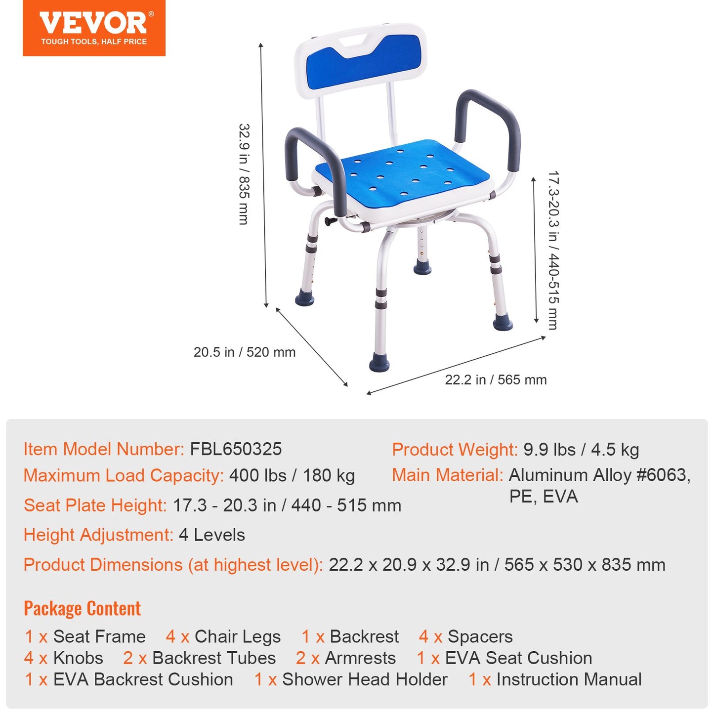 Swivel Shower Chair 360 Degree, Adjustable Shower Seat with Armrests and Backrest for Inside Shower or Bathtub, Non-Slip Rotating Bathtub Chair Seat for Elderly Disabled Injured, 400lbs Capacity - Image 7