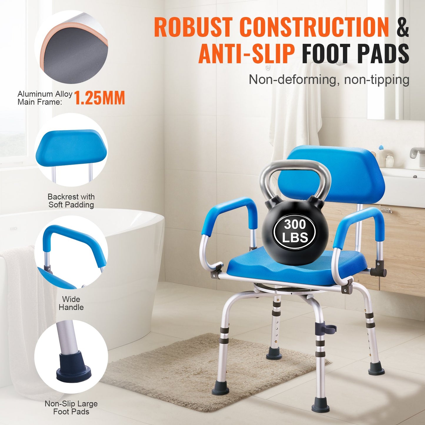 Swivel Shower Chair 360 Degree, Adjustable Shower Seat with Pivoting Arms & Padded Bath Seat for Inside Shower or Tub, Non-Slip Rotating Bathtub Chair for Elderly Disabled, 300LBS Capacity - Image 4