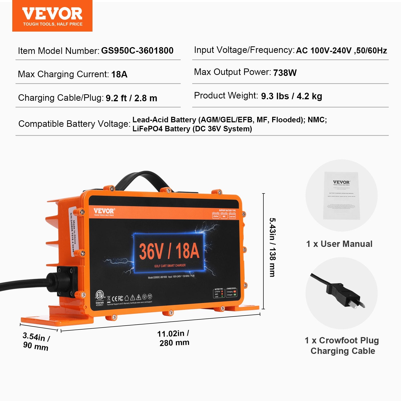 Golf Cart Battery Charger, 18 AMP, Smart Club Car Charger with Crowfoot Plug, Compatible with Lead-Acid AGM/GEL/EFB MF NMC LiFePO4 Batteries for Club Car EZGO Yamaha, IP67 ETL Certified - Image 7