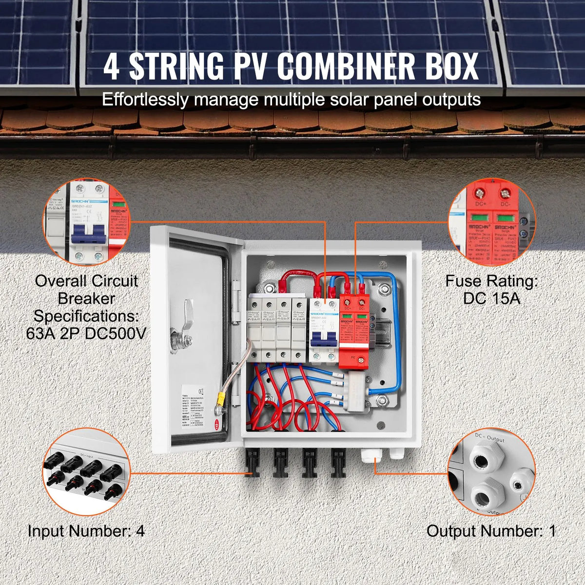 PV Combiner Box, 4 String, Solar Combiner Box with 15A Rated Current Fuse 63A Circuit Breaker Lightning Arrester and Solar Connector, Steel Case for On / Off Grid Solar Panel System, IP65 - Image 3