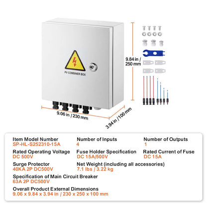 PV Combiner Box, 4 String, Solar Combiner Box with 15A Rated Current Fuse 63A Circuit Breaker Lightning Arrester and Solar Connector, Steel Case for On / Off Grid Solar Panel System, IP65 - Image 7