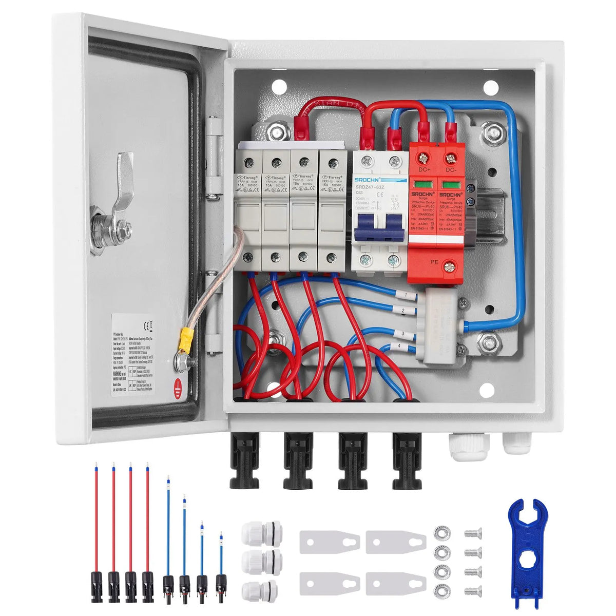 PV Combiner Box, 4 String, Solar Combiner Box with 15A Rated Current Fuse 63A Circuit Breaker Lightning Arrester and Solar Connector, Steel Case for On / Off Grid Solar Panel System, IP65 - Image 9