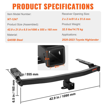 Class 3 Trailer Hitch, 2-Inch Receiver, Q455B Steel Tube Frame, Compatible with 2020-2023 Toyota Highlander, Multi-Fit Hitch to Receive Ball Mount, Cargo Carrier, Bike Rack, and Tow Hook, Black - Image 7