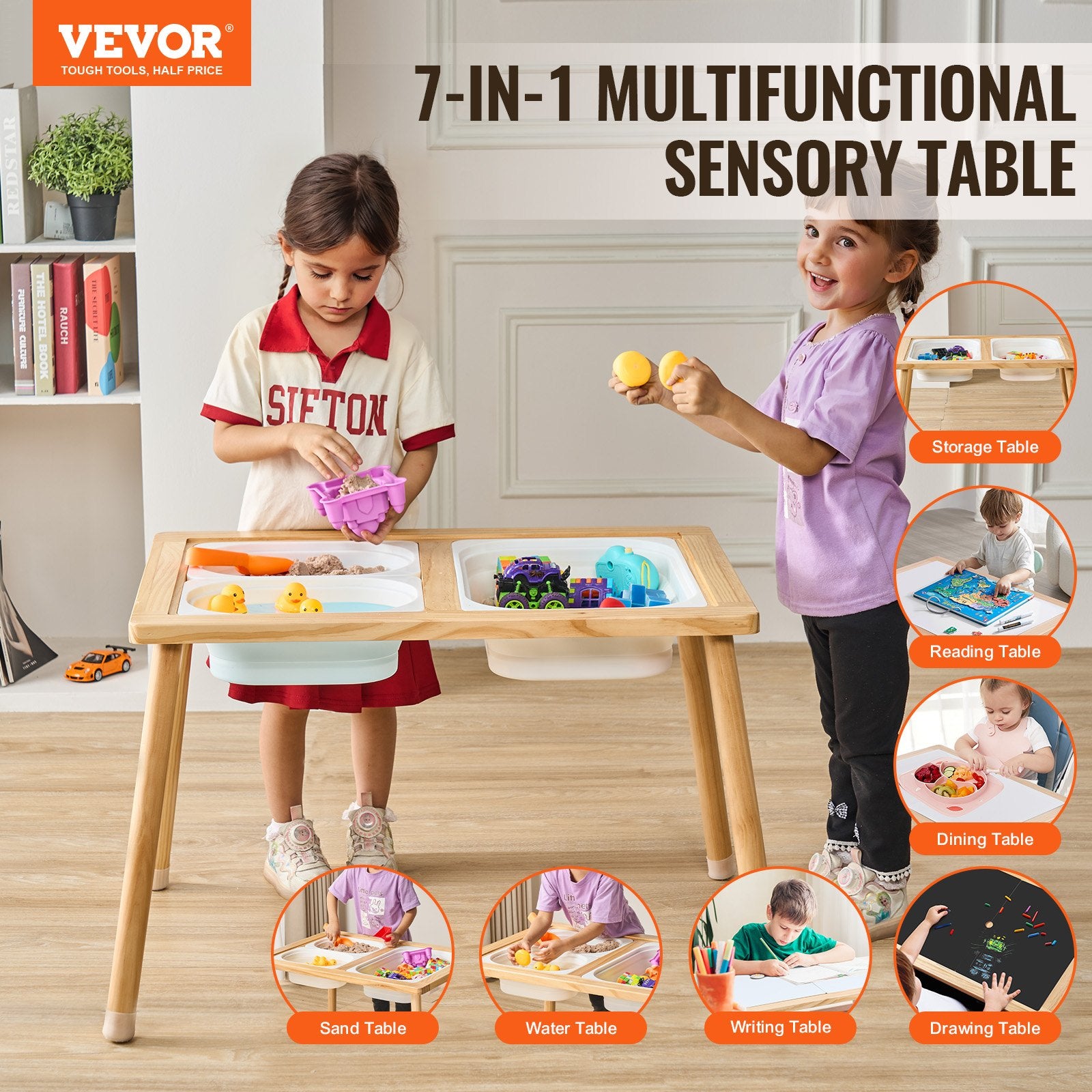 Kids Sensory Table Indoor Wooden Play Sand Water Table with 3 Storage Bins - Image 2